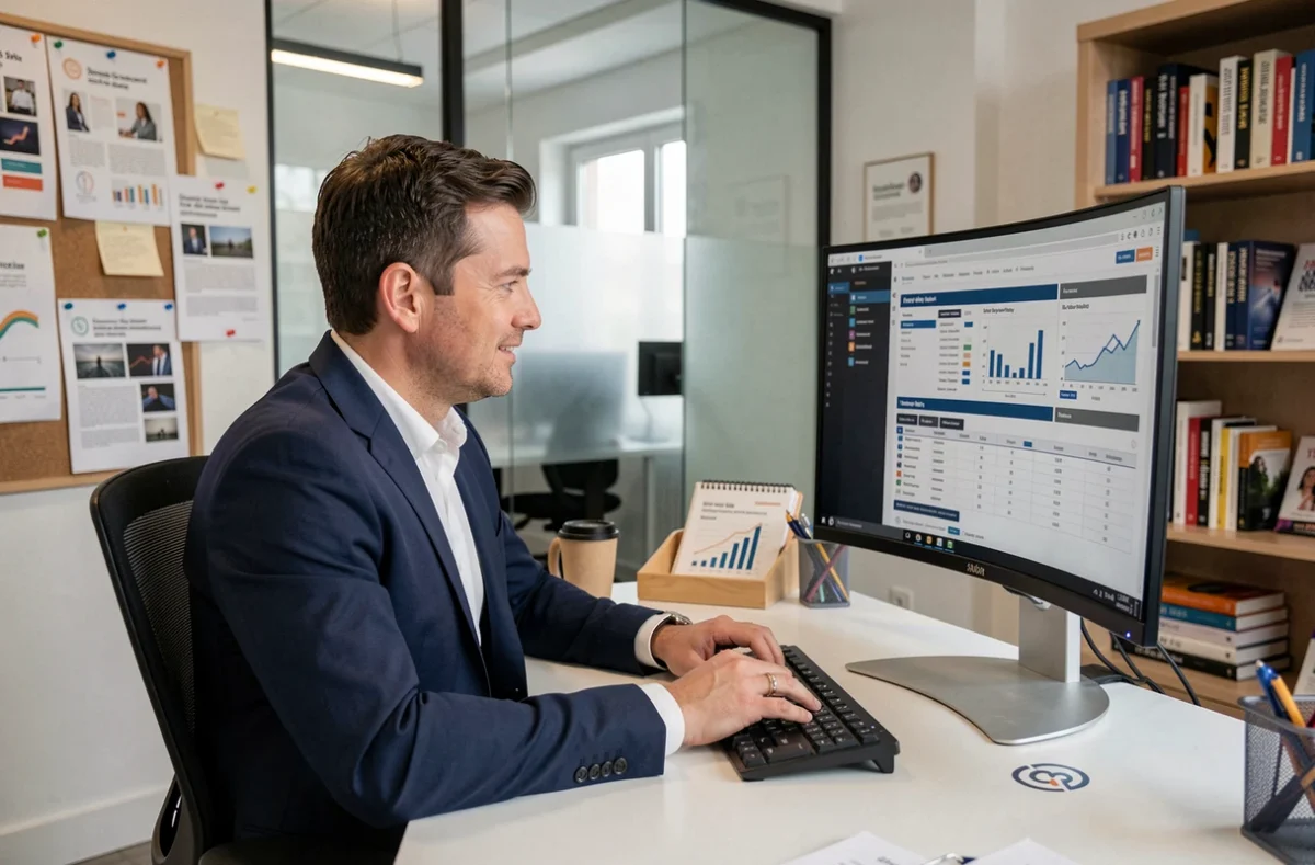 Consultant de Works Agency analysant un rapport SEO sur un grand écran dans un bureau professionnel moderne