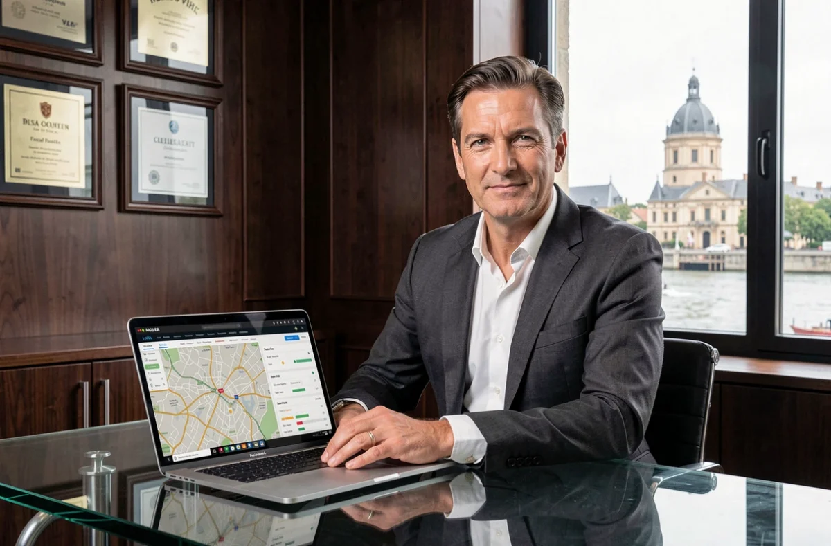 Consultant de Zaacom spécialisé en SEO local, assis dans un bureau élégant avec vue sur la Seine à Rouen